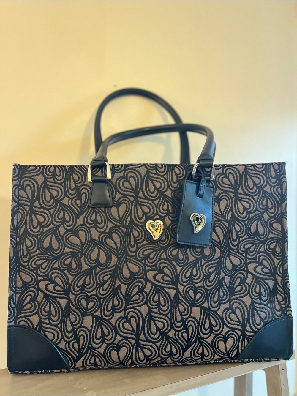 Diane Von Furstenberg Black & Brown Heart-Pattern Tote with Gold Heart Hardware